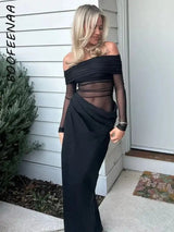 BOOFEENAA See Through Mesh Patchwork Black Long Dress Fall 2024 Sexy Elegant Off Shoulder Long Sleeve Cutout Dresses C66-EZ33 - Lootquake