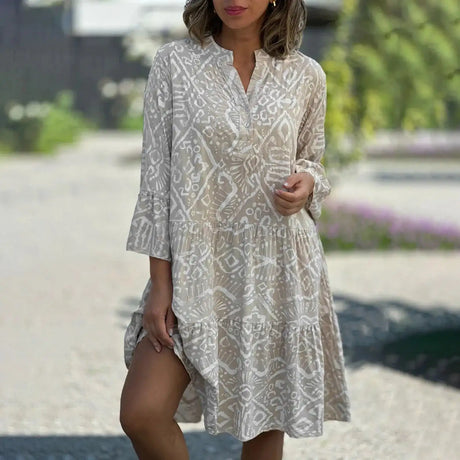 Women Floral Print Maxi Dress Fashion Casual V Neck Long Dress Plus Size Summer Boho Dress Ruffle Three Quarter Sleeves Dresses - Lootquake