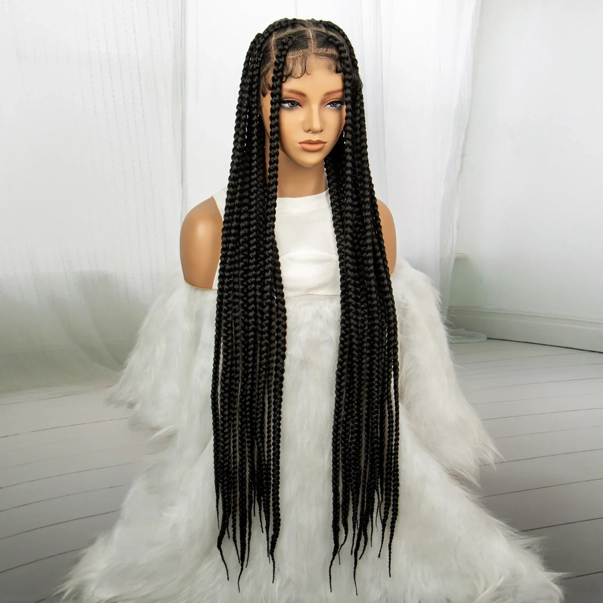 34" Knotless Box Braids Full Lace Wig | Long Black Synthetic Braids | Transparent Lace