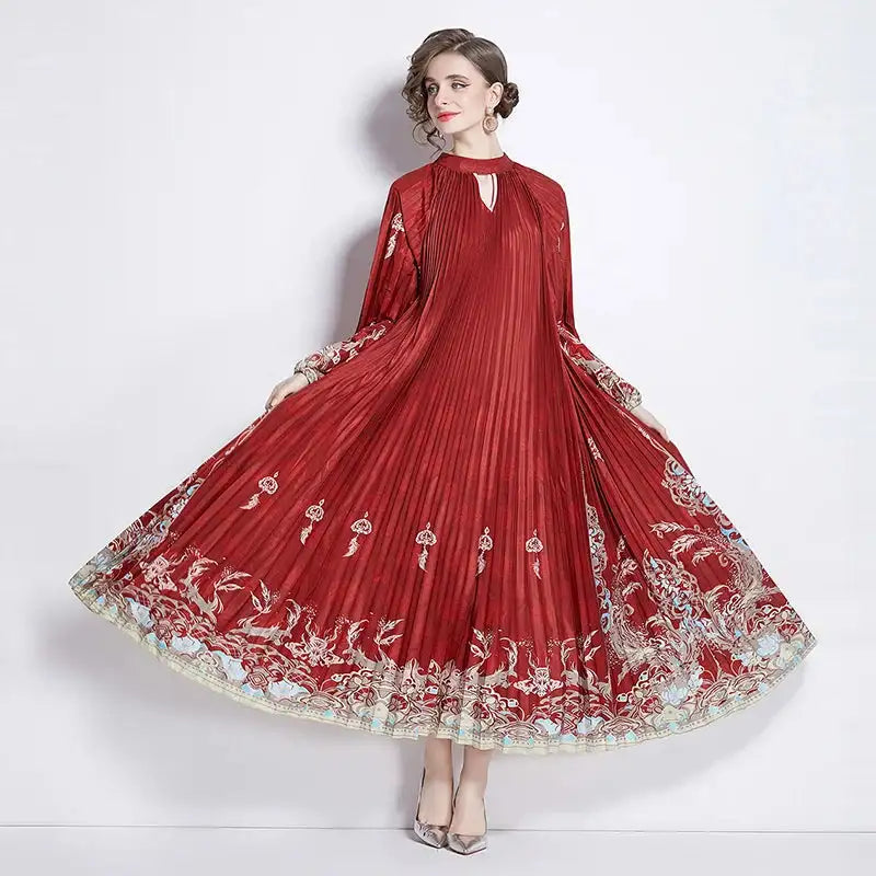 Spring Holiday Print Long Dress For Women Fashion Loose Lantern Sleeve Party Robe Female Big Swing Tassels Belt Pleated Clothes
