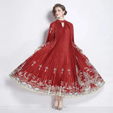 Spring Holiday Print Long Dress For Women Fashion Loose Lantern Sleeve Party Robe Female Big Swing Tassels Belt Pleated Clothes