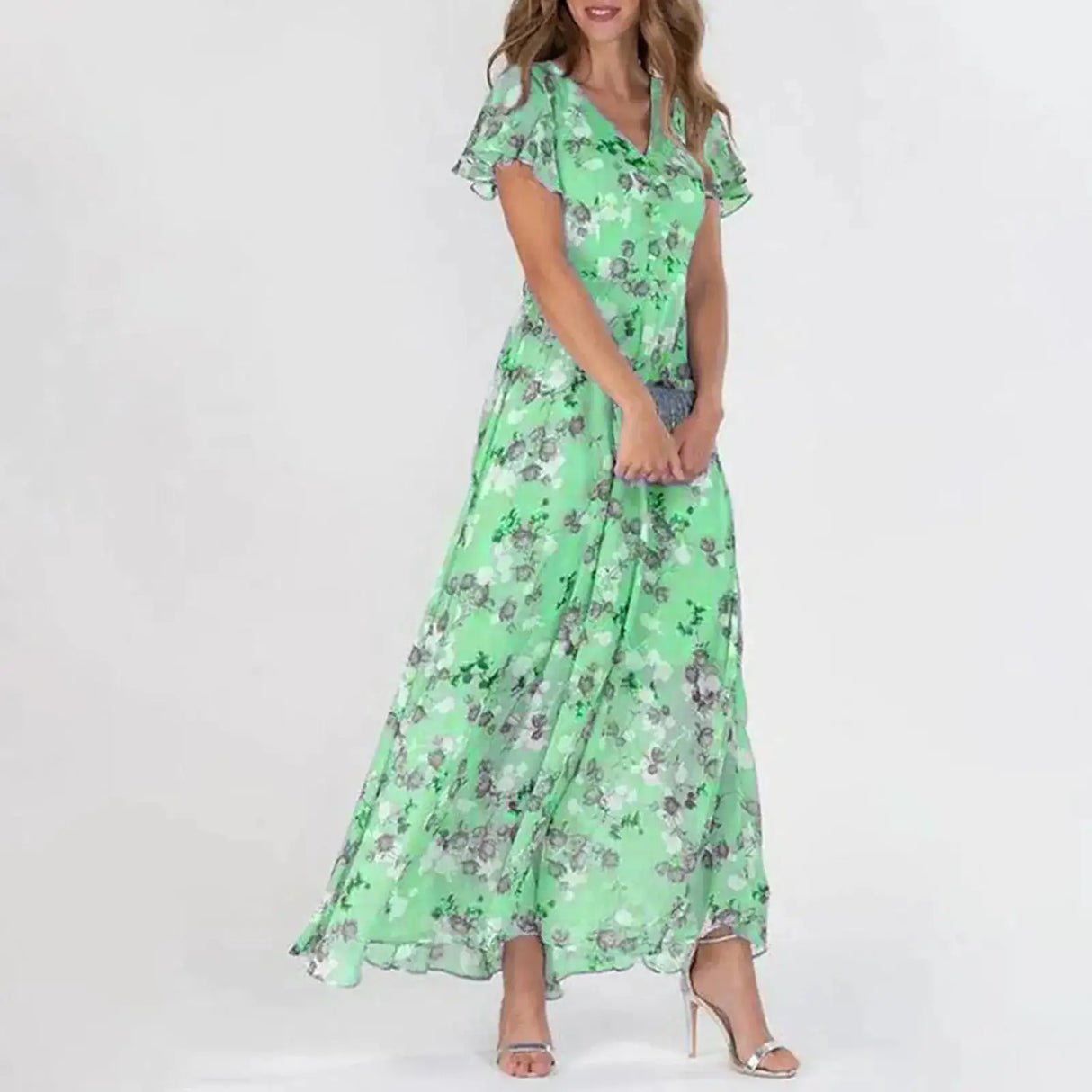 Vestidos Verano Moda 2024 Women's Swing Long Dress Chiffon Floral Short Sleeve Ruffle V Neck Fashion Waist Flowy Dress платье - Lootquake