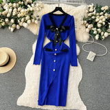 SINGREINY Office Lady Sweater Long Dress 2023 Bow Single Breasted Elastic Split Women Autumn Dress Fashion Senior Knitted Dress