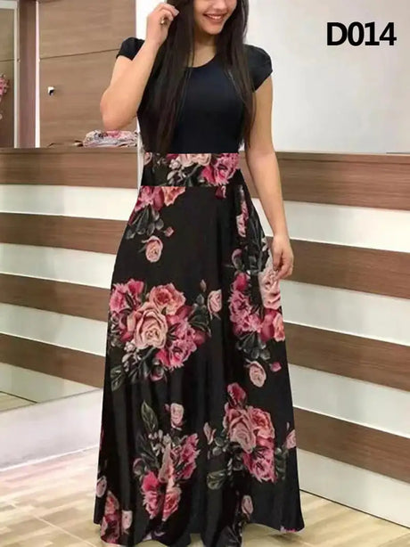 Women Floral Dot Print Patchwork Long Dress Summer Casual Short Sleeve O-Neck High Waist Robe Boho Beach Maxi Sundress Vintage - Lootquake