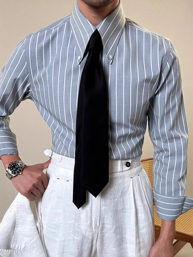 Vintage Striped Printed Slim Shirts Mens Casual Long Sleeve Lapel Buttoned Shirt 2025 Spring Fall Mens Shirt Naple Style Clothes