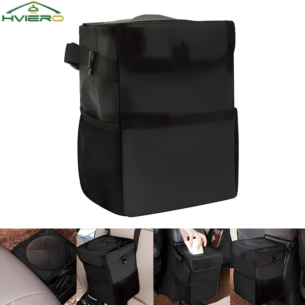 Cubo de basura con tapa y bolsillos de almacenamiento, 100 % a prueba de fugas, organizador impermeable, multiusos, color negro, para coche.