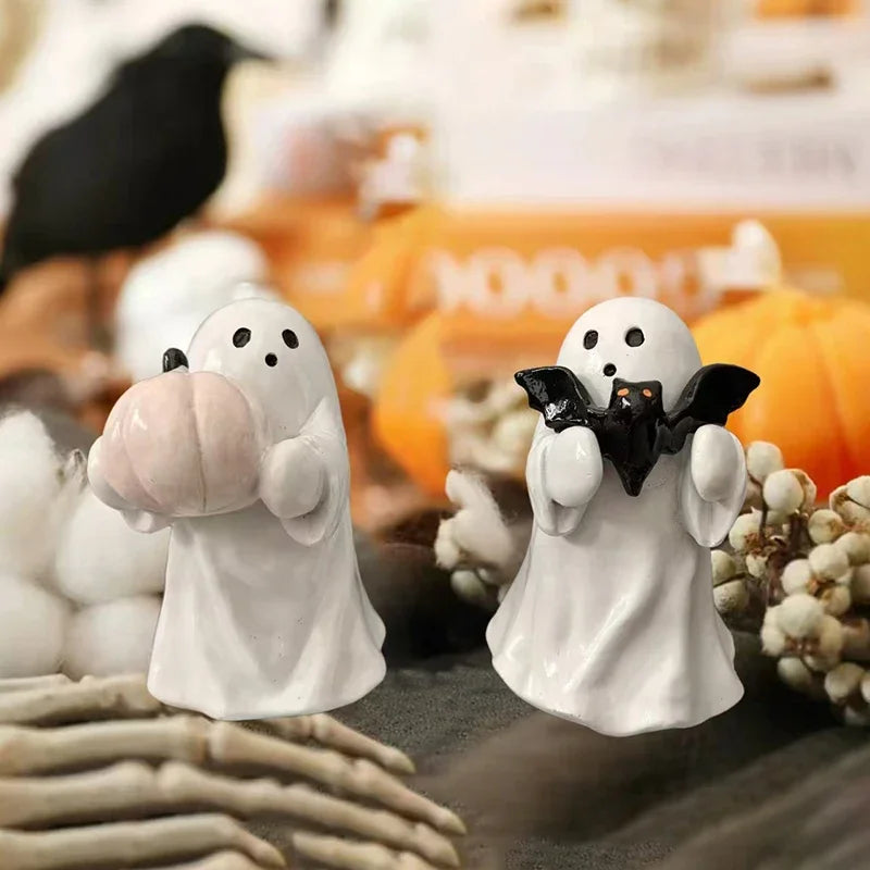 Halloween Ghost Ornament Ghost Holding Pink Pumpkin Bat Resin Ornament Home Living Room Bedroom Office Desktop Decoration
