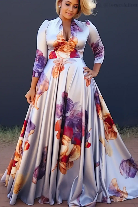 Plus Size Floral Printing Maxi Dresses Elegant Multicolor V Neck 3/4 Sleeve Prom Long Dress Party Wedding Evening Dress 2024 - Lootquake
