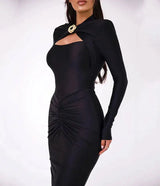 GACVGA Sexy Hollow Out Ruched Maxi Dress For Women 2024 Autumn Winter Long Sleeve Slit Slim Elegant Party Evening Long Dress - Lootquake
