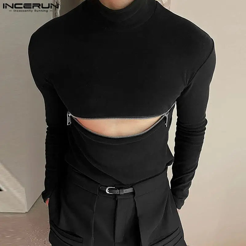 INCERUN Men T Shirts Solid Color Turtleneck Long Sleeve Fitness Streetwear Camisetas 2024 Hollow Out Zipper Casual Men Clothing - Lootquake