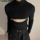 INCERUN Men T Shirts Solid Color Turtleneck Long Sleeve Fitness Streetwear Camisetas 2024 Hollow Out Zipper Casual Men Clothing - Lootquake
