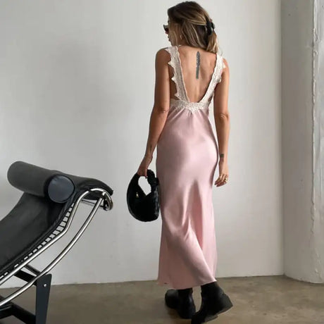 Y2K Chic Women Lace Trim Long Dress 90s Vintage Sexy V Neck Tie Up Backless Bodycon Elegant Lady Club Party Night Cocktail Dress - Lootquake