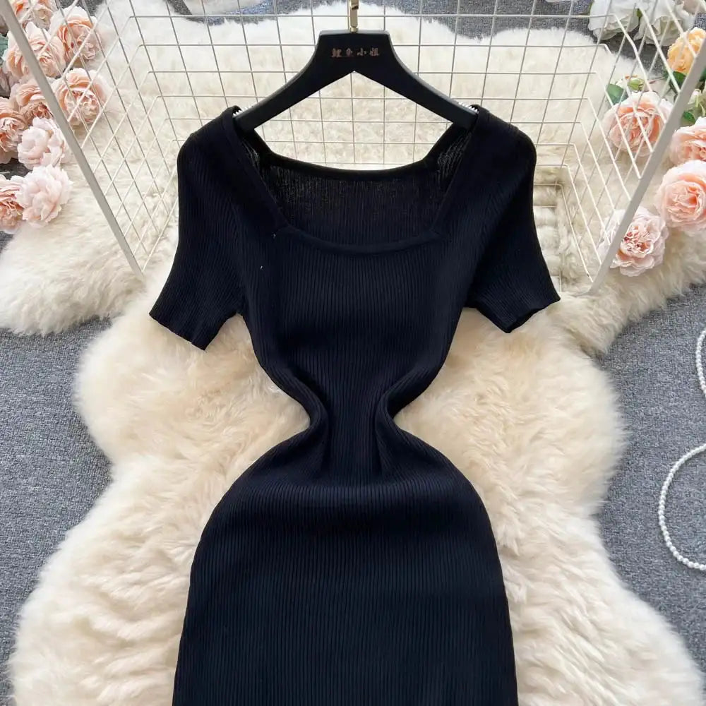 Green 2024 Sexy Summer Knit Short Sleeve Dress Women Squar Collar Waist Bodycon Sundress Female Beach  Backless Long Dress - Lootquake