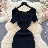 Green 2024 Sexy Summer Knit Short Sleeve Dress Women Squar Collar Waist Bodycon Sundress Female Beach  Backless Long Dress - Lootquake
