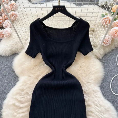 Green 2024 Sexy Summer Knit Short Sleeve Dress Women Squar Collar Waist Bodycon Sundress Female Beach  Backless Long Dress - Lootquake