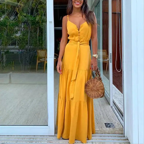 Elegant and Sexy Summer Women's V-neck Beach Dress with High Waist Waist Waist Waist Belt and Sling Long Dress for Party - Lootquake
