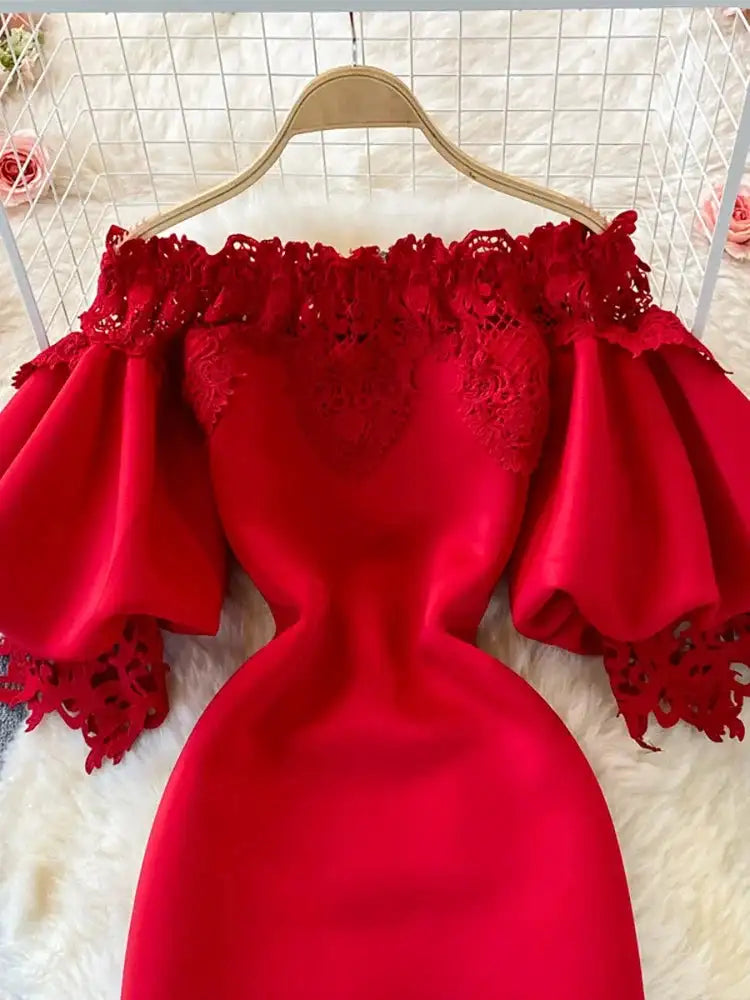 Sexy Hollow Out Lace Bodycon Long Dress Women Elegant Red/Pink/White Off Shoulder Patchwork Maxi Party Vestidos 2021 Autumn New - Lootquake