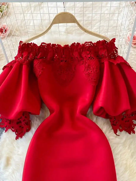 Sexy Hollow Out Lace Bodycon Long Dress Women Elegant Red/Pink/White Off Shoulder Patchwork Maxi Party Vestidos 2021 Autumn New - Lootquake