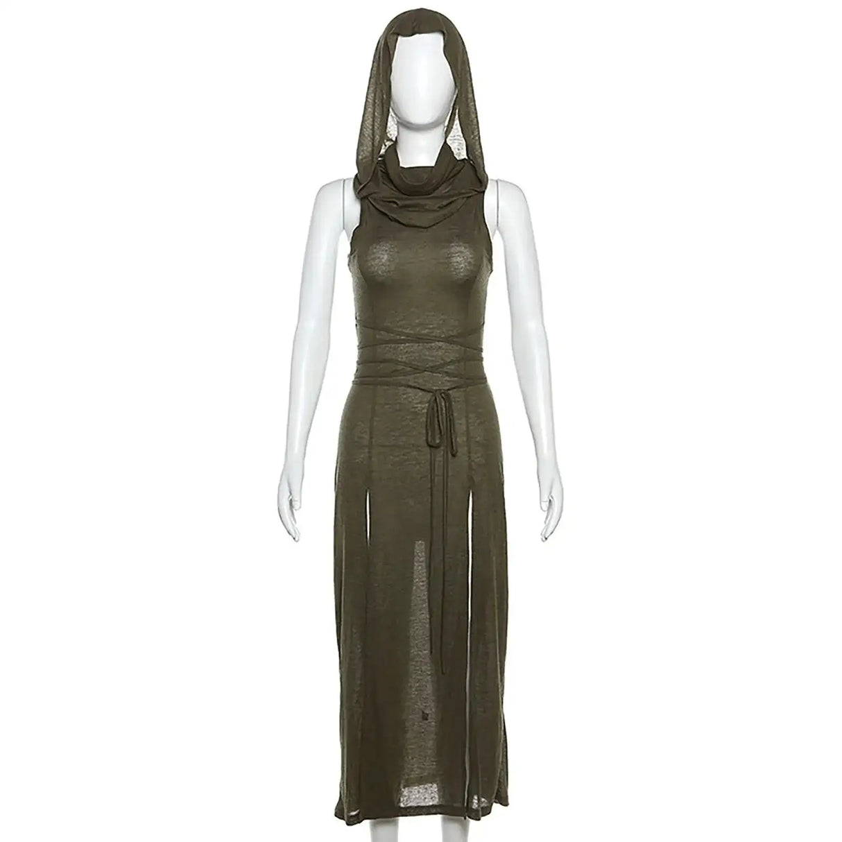 Trendy Hooded Sleeveless Long Dress Korean Style Ladies Lace Up Bodycon Sexy Split Dress Gothic Hip Hop Grunge Maxi Dress - Lootquake