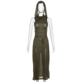 Trendy Hooded Sleeveless Long Dress Korean Style Ladies Lace Up Bodycon Sexy Split Dress Gothic Hip Hop Grunge Maxi Dress - Lootquake