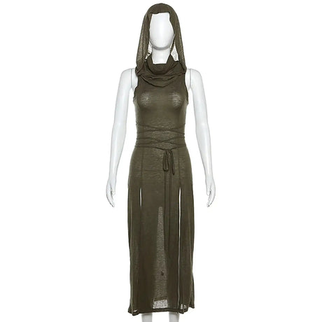 Trendy Hooded Sleeveless Long Dress Korean Style Ladies Lace Up Bodycon Sexy Split Dress Gothic Hip Hop Grunge Maxi Dress - Lootquake