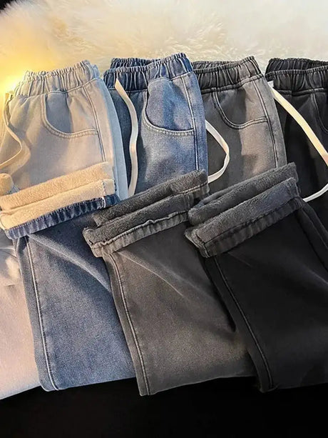 Thicken Velvet Lined Casual Wide Leg Jean  Warm Fashion High Waist Cowboy New Vaqueros  Winter Basic Snow Wear Women Denim Pants - Lootquake