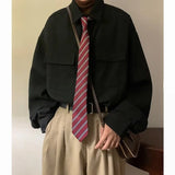Autumn Green Black Shirt Men Fashion Social Mens Dress Shirt Korean Loose Long Sleeve Shirts Mens Pocket Tooling Shirt M-3XL - Lootquake