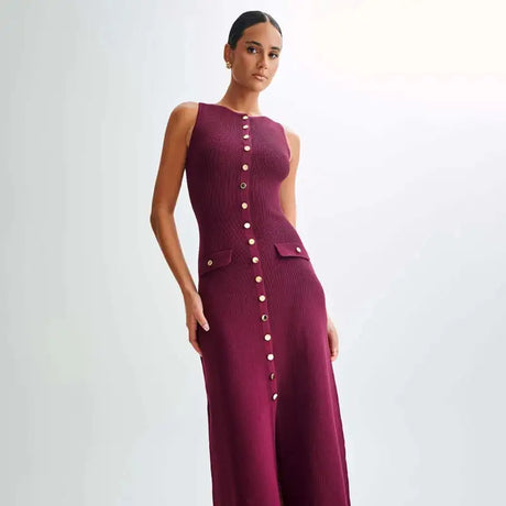 Fashion Knitted Long Dress For Women Elegant Sleeveless Button Maxi Sweater Bodycon Dresses Female Party Fashion Vestidos 2024 N - Lootquake