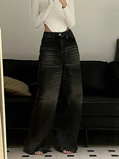 HOUZHOU Vintage Black Wide Leg Jeans Women Oversized High Street Korean Fashion Baggy Denim Trousers Grunge Y2k Female Hip Hop - Lootquake