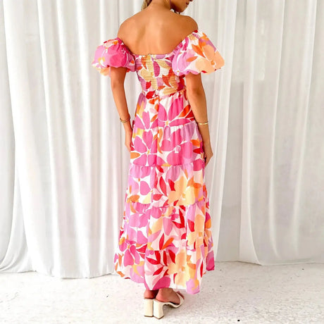 Summer V Neck Cutout Floral Print Dresses Elegant Women Puff Short Sleeve Casual Dress Pleated Waisted Swing Beach Long Dress - Lootquake