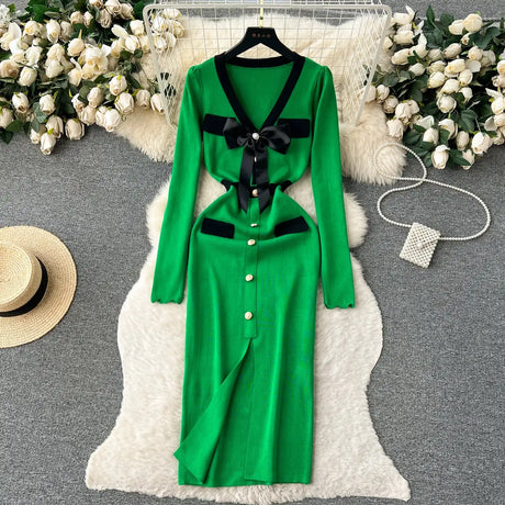 SINGREINY Office Lady Sweater Long Dress 2023 Bow Single Breasted Elastic Split Women Autumn Dress Fashion Senior Knitted Dress - Lootquake