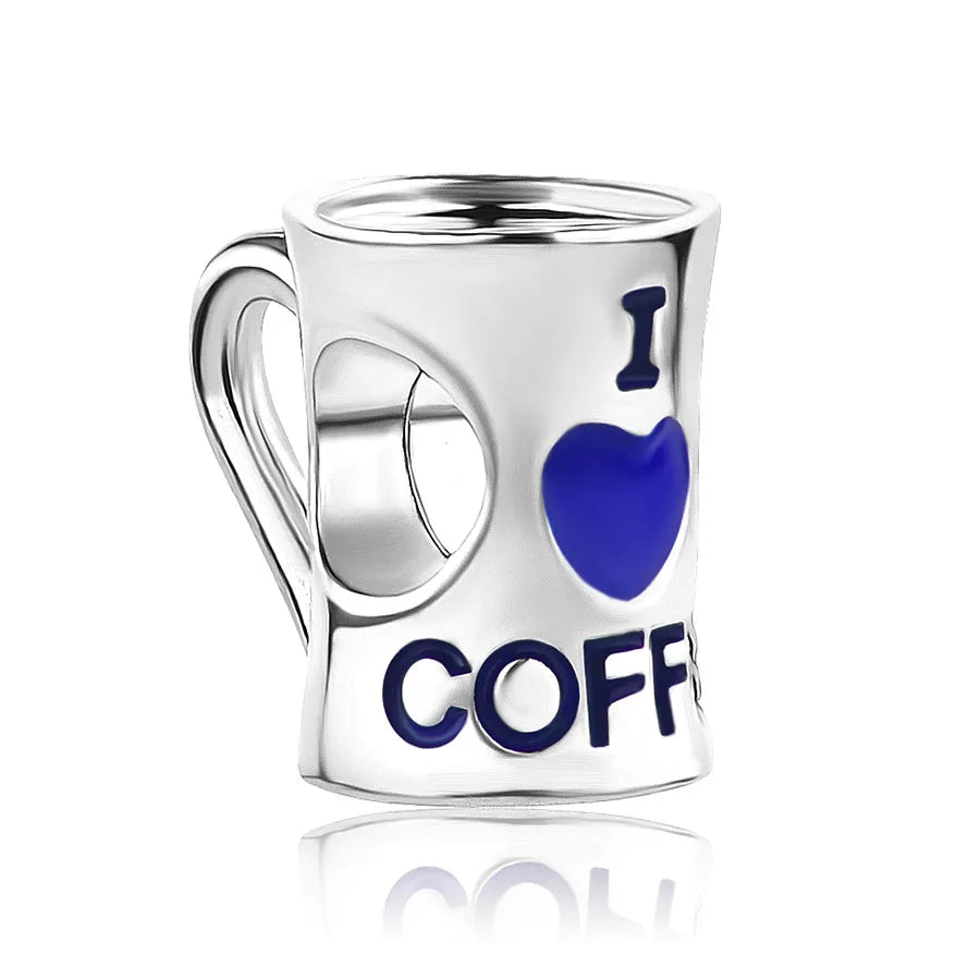 Dije de plata de ley 925 con forma de café, vino tinto, cafetera, copa de champán, compatible con pulseras colgantes originales, joyería DIY para mujer.