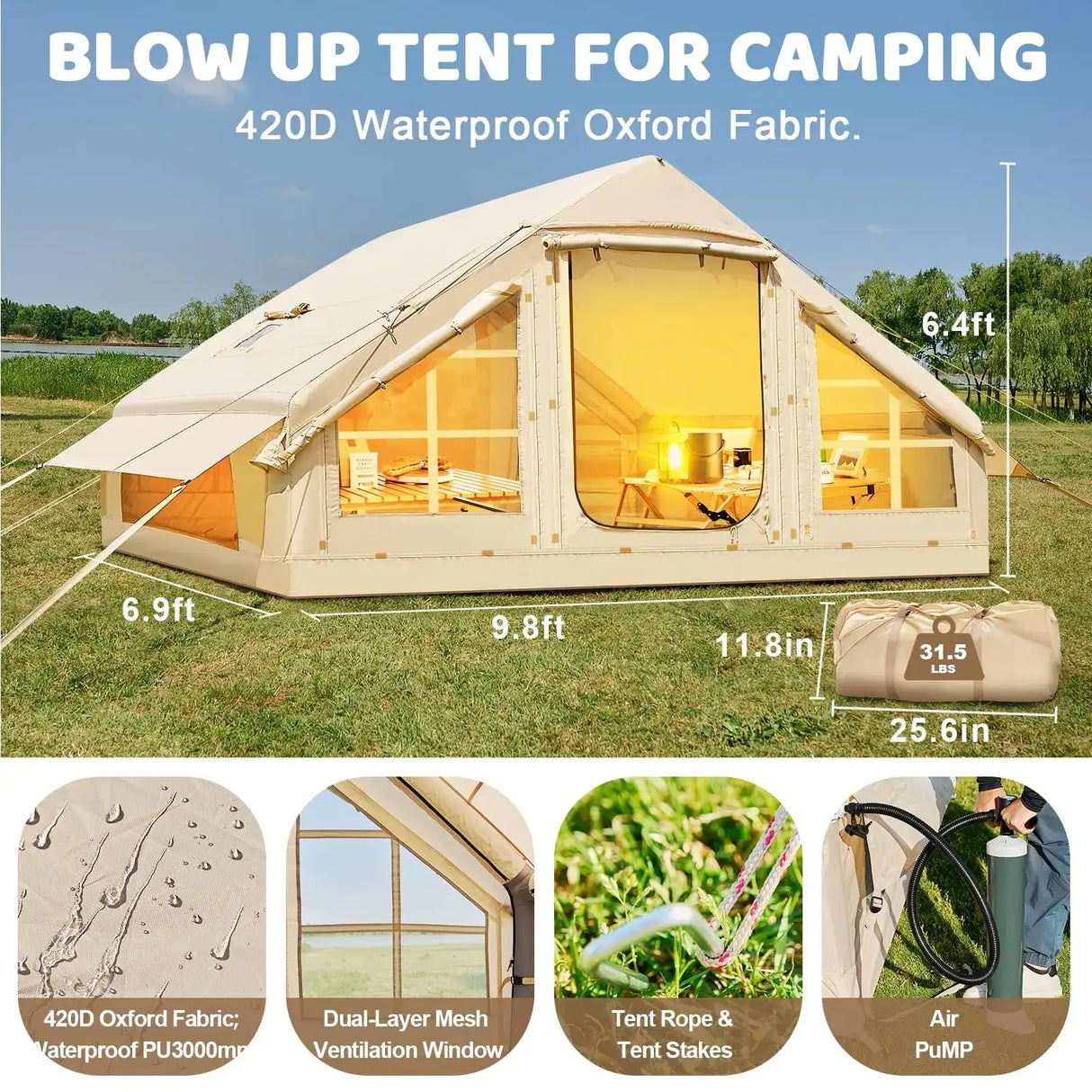 4-6 People Inflatable Tent with Pump Portable Blow Up Tent Easy Set-up Air Tent，4 Season Inflatable Tents for Camping - Lootquake
