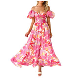Summer V Neck Cutout Floral Print Dresses Elegant Women Puff Short Sleeve Casual Dress Pleated Waisted Swing Beach Long Dress - Lootquake