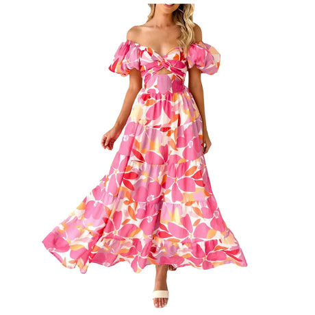 Summer V Neck Cutout Floral Print Dresses Elegant Women Puff Short Sleeve Casual Dress Pleated Waisted Swing Beach Long Dress - Lootquake