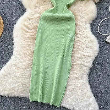 Green 2024 Sexy Summer Knit Short Sleeve Dress Women Squar Collar Waist Bodycon Sundress Female Beach  Backless Long Dress - Lootquake