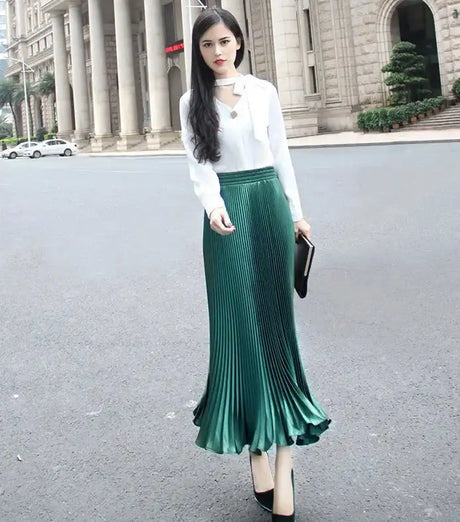 High-Waisted Vintage A- Line Accordion Skirt European Style Pleated Dress Metal Color Wide Hemline Long Dress For Women - Lootquake
