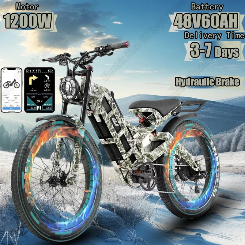 Bicicleta eléctrica Romeo con motor de 1200 W, 48 V, 60 Ah, 34 mph, velocidad máxima, 26 x 4 pulgadas, neumáticos anchos todoterreno, para acampar, para adultos.