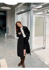 Streetwear Loose Trench Coat Midi Length Fashion Korean Elegant Khaki Black Women's Windbreaker Coat Casual Double Breasted Tops - Lootquake