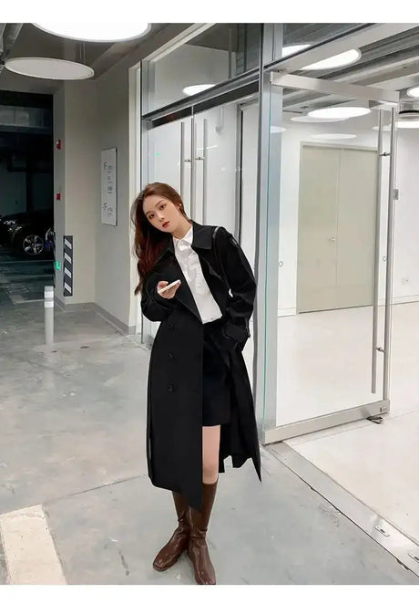 Streetwear Loose Trench Coat Midi Length Fashion Korean Elegant Khaki Black Women's Windbreaker Coat Casual Double Breasted Tops - Lootquake