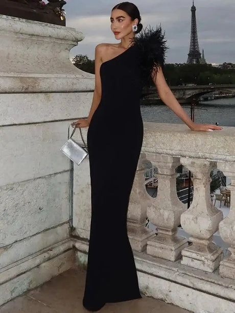 BWQ Black Sleeveless One Shoulder Feather Maxi Dress For Women Bodycon Sexy Party Elegant Long Dress Birthday Evening Outfit - Lootquake