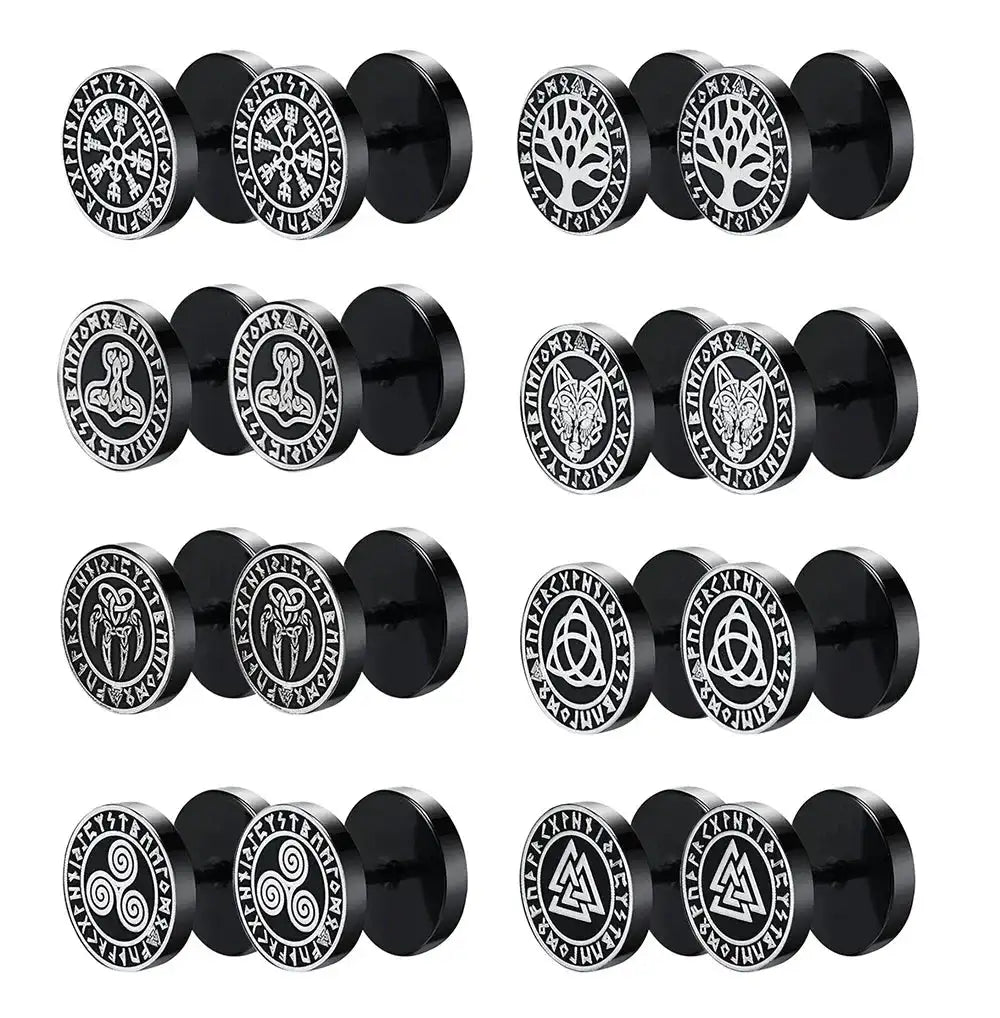 Gothic Norse Viking Runes Stud Earrings for Men Boys,Rock Punk Stainless Steel Valknut Wolf Head Compass Celtic Knot Earrings - Lootquake