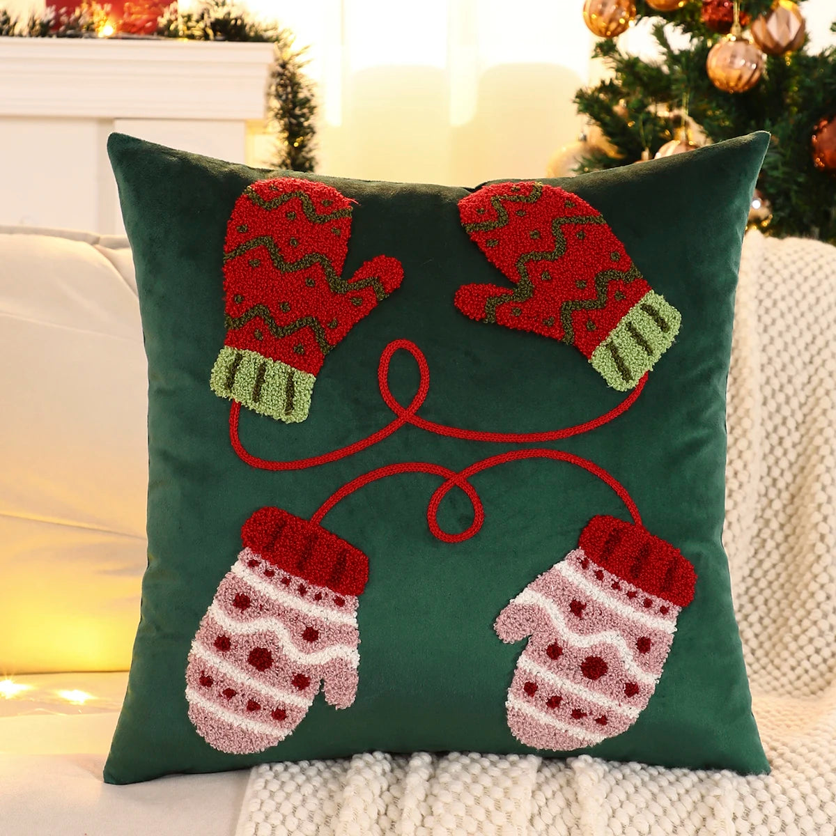 1 funda de almohada navideña con diseño de ciervo, guantes bordados de terciopelo, decoración navideña para sala de estar.