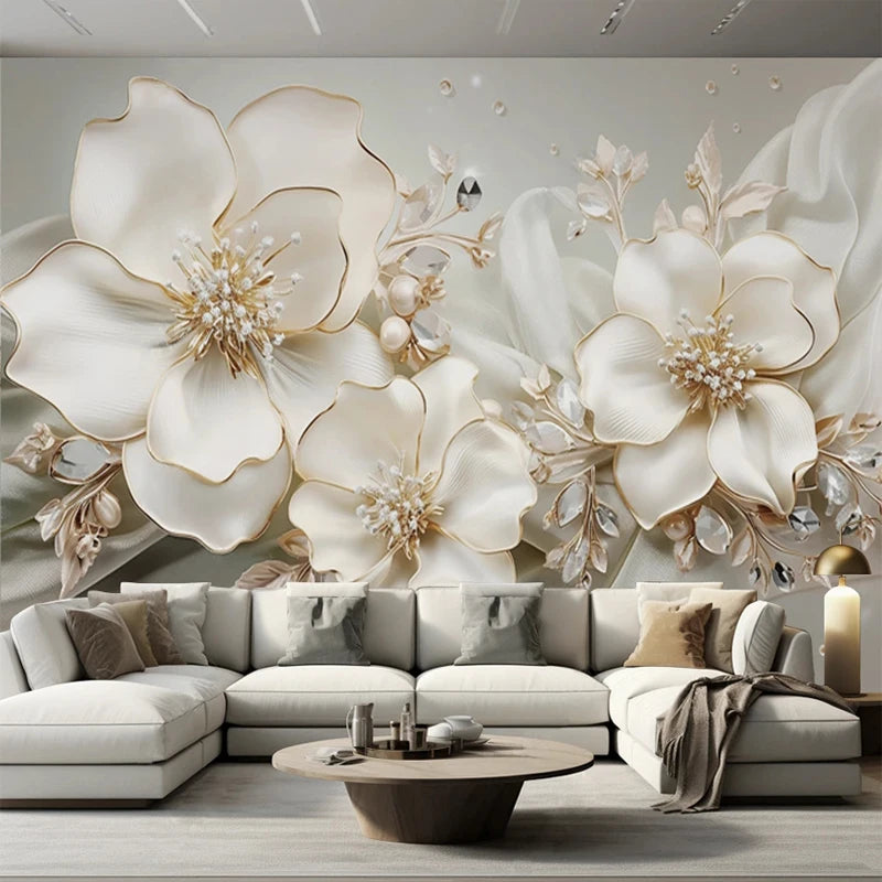 Custom Large Size Modern Wallpaper 3D Embossed Flowers Jewelry Mural Paper TV Background Wall Living Room Decor Home Improvement