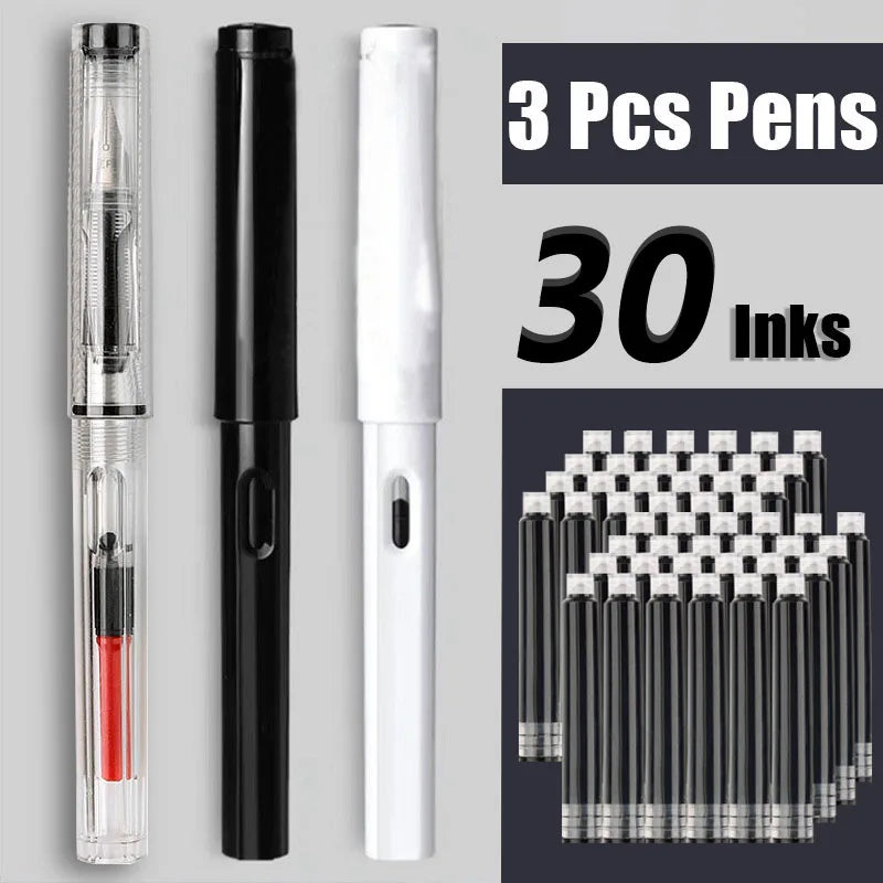 Juego de 33 plumas estilográficas Kawaii con tinta reemplazable, tinta negra, azul y roja EF de 0,38 mm, bolígrafos escolares, material de oficina, papelería para escribir.