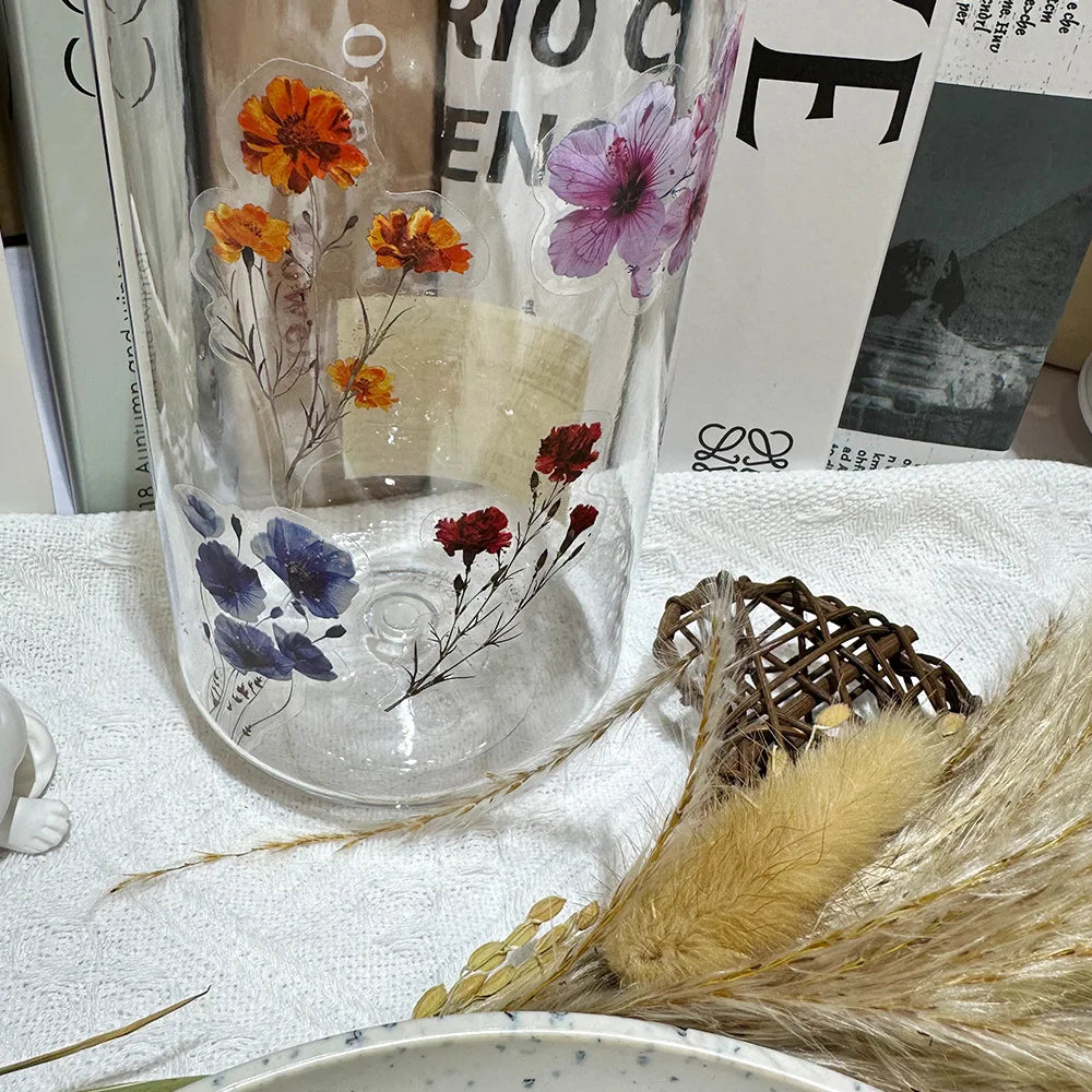 Paquete de 50 pegatinas de flores con tinta, impermeables, transparentes, de PET, para cuadernos, guitarras y flores.