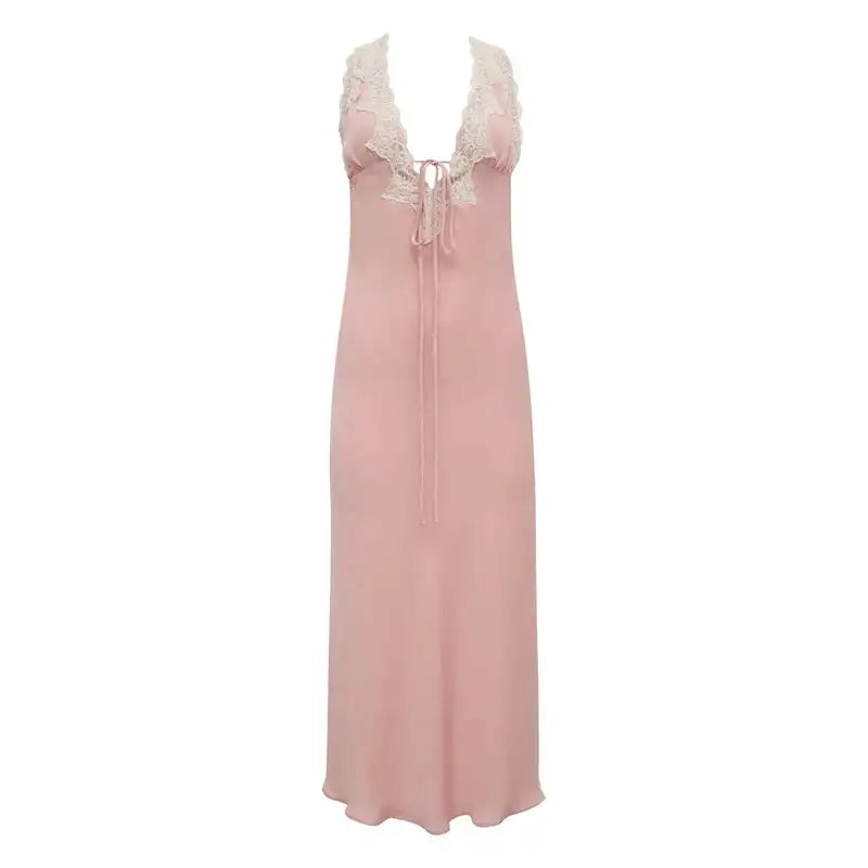 Y2K Chic Women Lace Trim Long Dress 90s Vintage Sexy V Neck Tie Up Backless Bodycon Elegant Lady Club Party Night Cocktail Dress