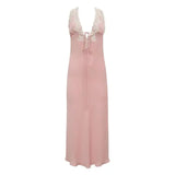 Y2K Chic Women Lace Trim Long Dress 90s Vintage Sexy V Neck Tie Up Backless Bodycon Elegant Lady Club Party Night Cocktail Dress