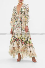 2024 New V-neck Heavy Beaded Butterfly and Flower Print Women Vacation Wear 100% Silk Multi-layer Ruffles Long Dress - Lootquake
