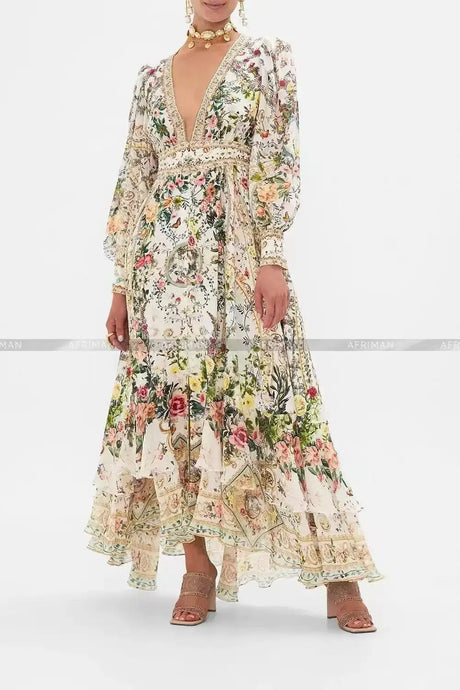 2024 New V-neck Heavy Beaded Butterfly and Flower Print Women Vacation Wear 100% Silk Multi-layer Ruffles Long Dress - Lootquake